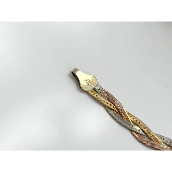Italian HerringboneYellow Gold, Rose Gold & Silver 925 Vintage Bracelet - 7" - Picture 5 of 10